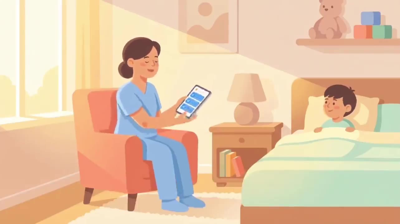 Illustration of a nurse documenting care beside a child at home